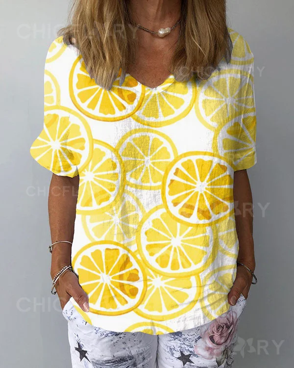 Lemon Linen V-Neck Loose Top