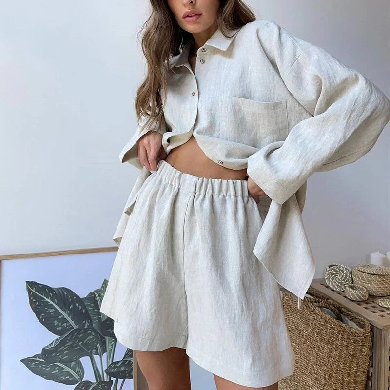 Casual Women Summer Short Sleeve Blouse Tracksuit Shorts Set Loose Tops And High Waisted Mini Shorts Two Piece Set 2021 Beach