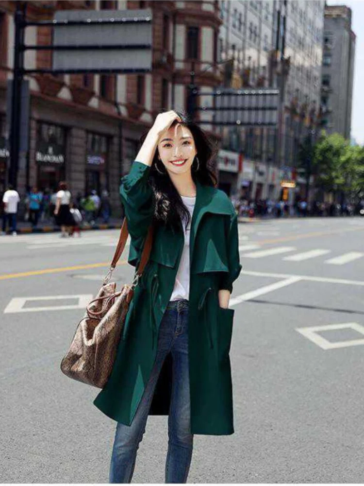 Jangj Spring Autumn Women Casual Long Long Sleeves Trench Coat Women's Fashion Windbreaker Chic Office Coat Ladies Outerwear