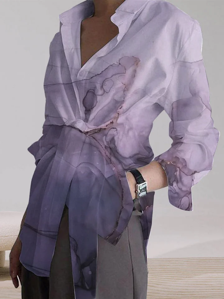 Temperament Marble Loose Tie Long Sleeve Casual Shirt Top
