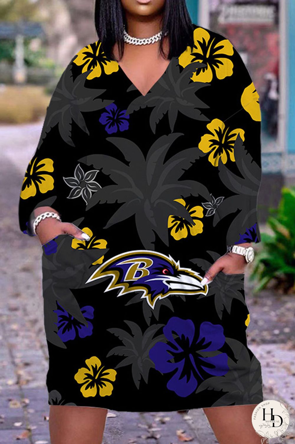 Black Gray Casual Print Patchwork V Neck Straight Dresses