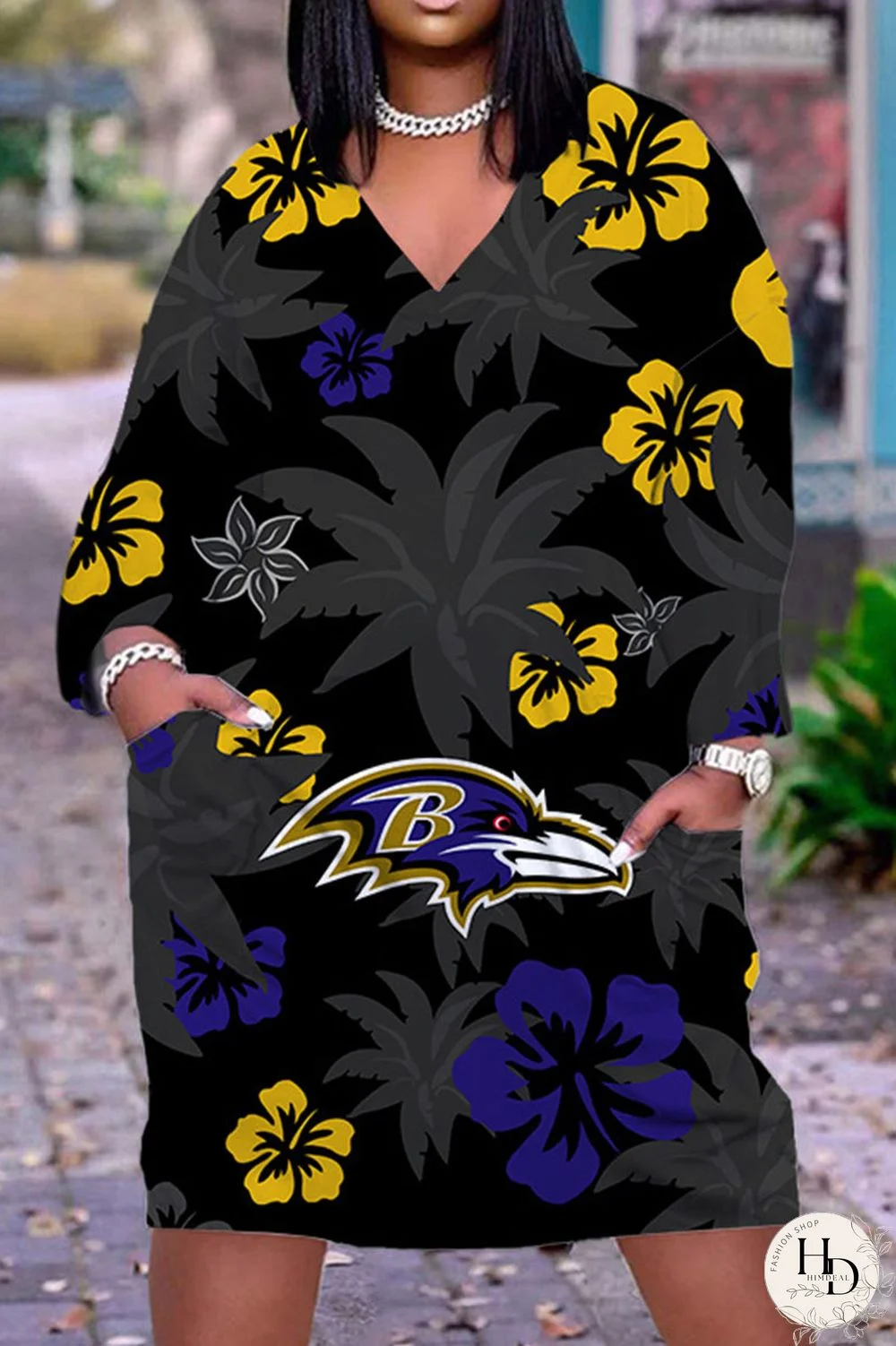 Black Gray Casual Print Patchwork V Neck Straight Dresses