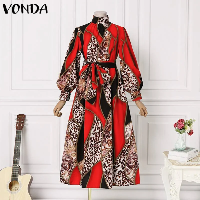 VONDA 2022 Women Pleated Long Maxi Dress Autumn Vintage Floral Printed Vestido Elegant O Neck Party Robes Longue Oversize