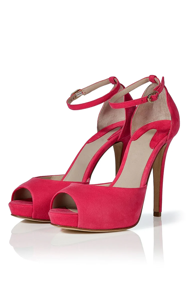 Women's Coral Red Peep Toe Ankle Strap Heels Pumps |FSJ Shoes