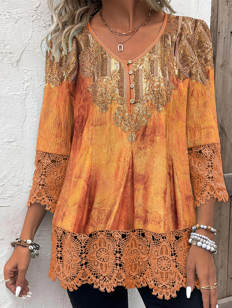 Women Long Sleeve V-neck Graphic Floral Printed Top