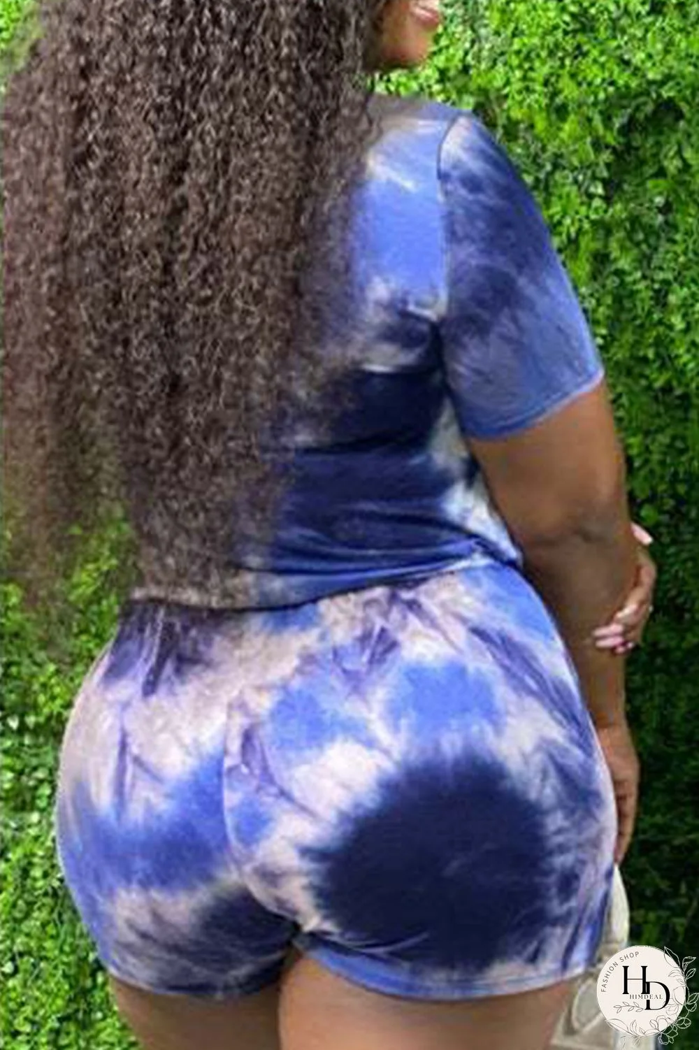 Blue Plus Size Fashion Sexy Casual Tie Dye Frenulum O Neck Plus Size Jumpsuits