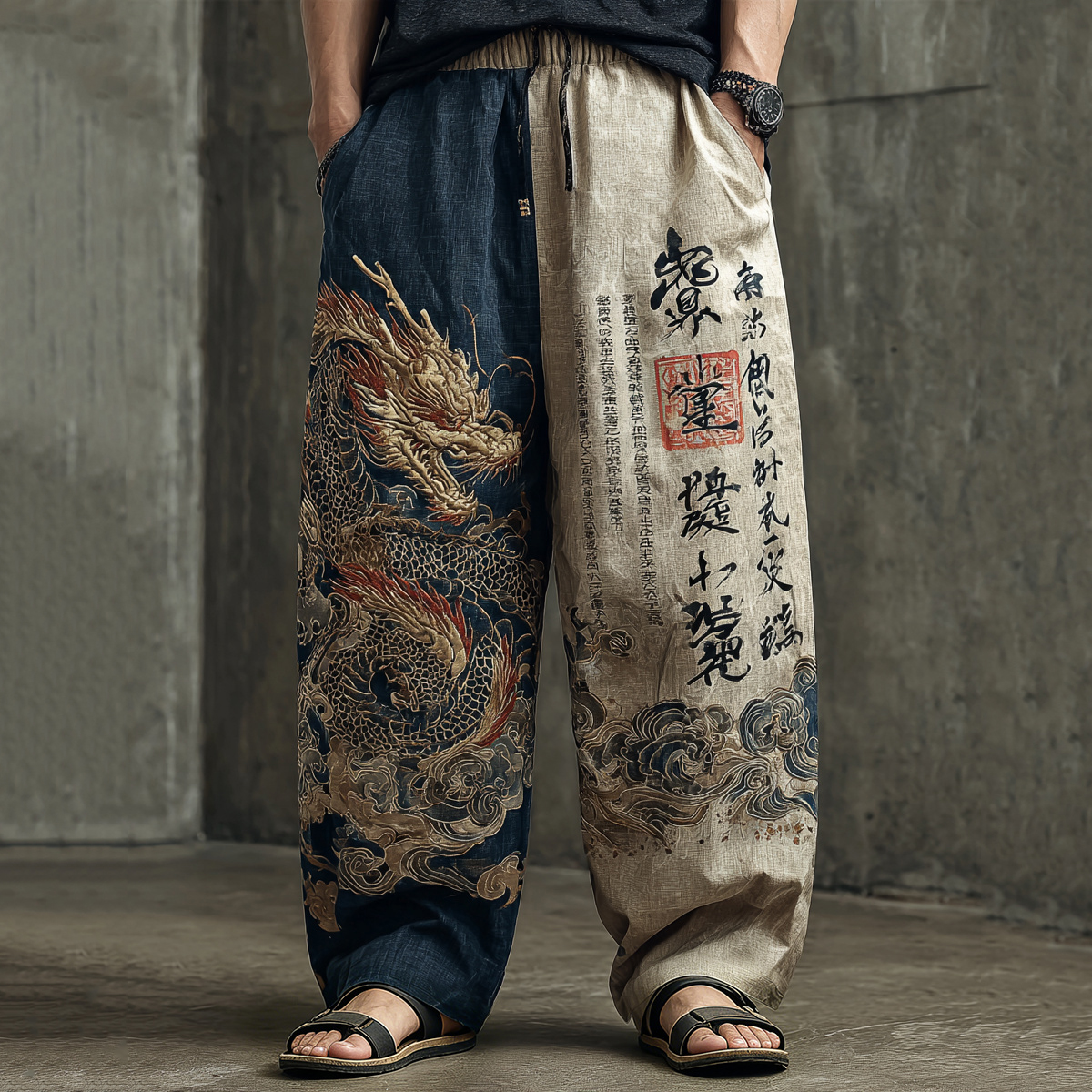 Men's Vintage Calligraphy Dragon Art Color Block Linen Blend Pants elevenforest