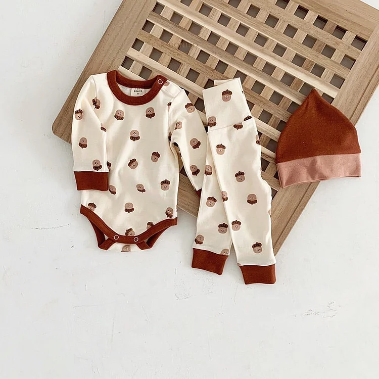 3pcs Baby Boy/Girl Chestnut Print Bodysuit and Pants with Hat Set