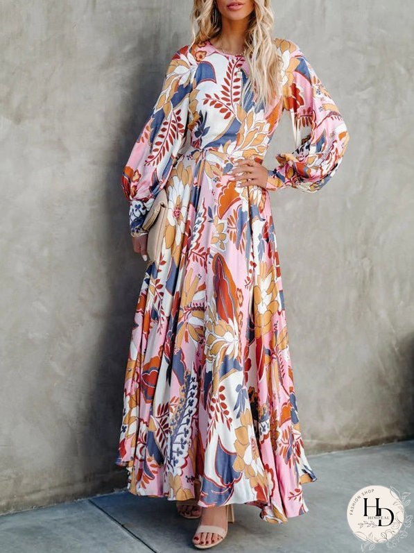 Dresses Printed Crew Neck Long Sleeve Dress for Women