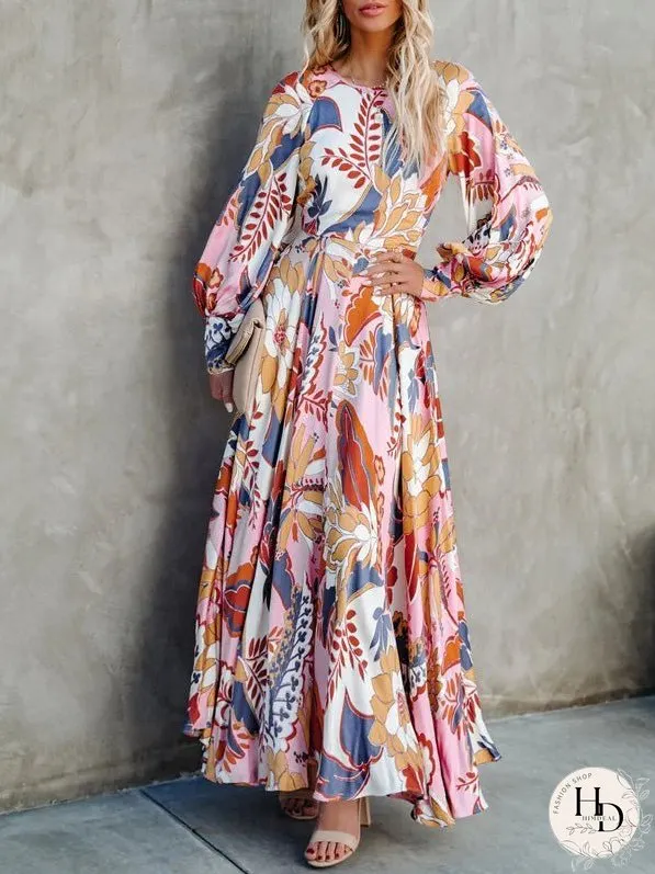 Dresses Printed Crew Neck Long Sleeve Dress for Women