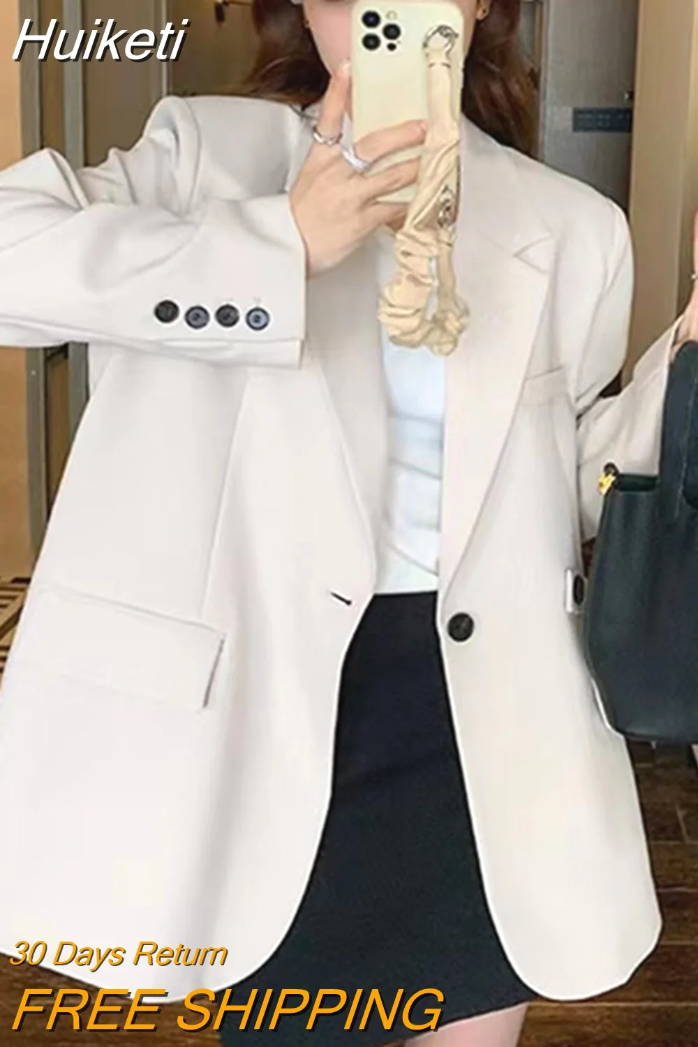 Huiketi Women's Blazer Jacket Beige Design Sense Back Split Outerwear Spring 2023 New Korean Loose Long Sleeve Suit Coat Female