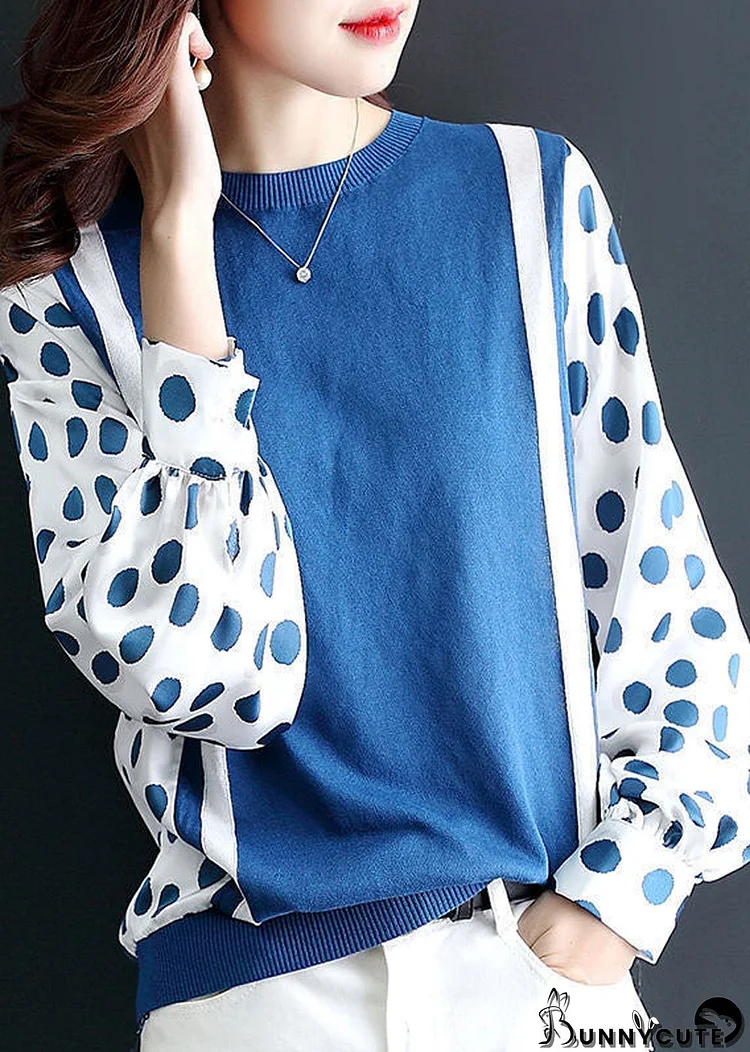 Unique Blue O-Neck Oversized Patchwork Chiffon Knit Top Spring