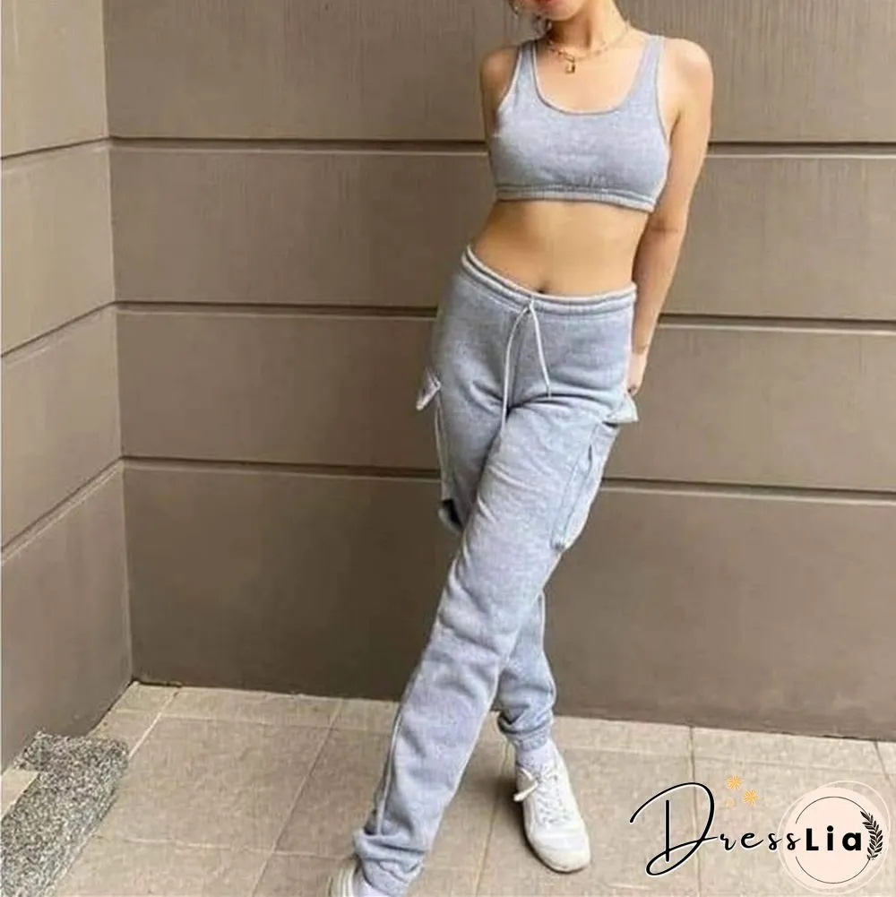 Sporty Crop Top and Pocket Detail Jogger Tracksuit Pant Set