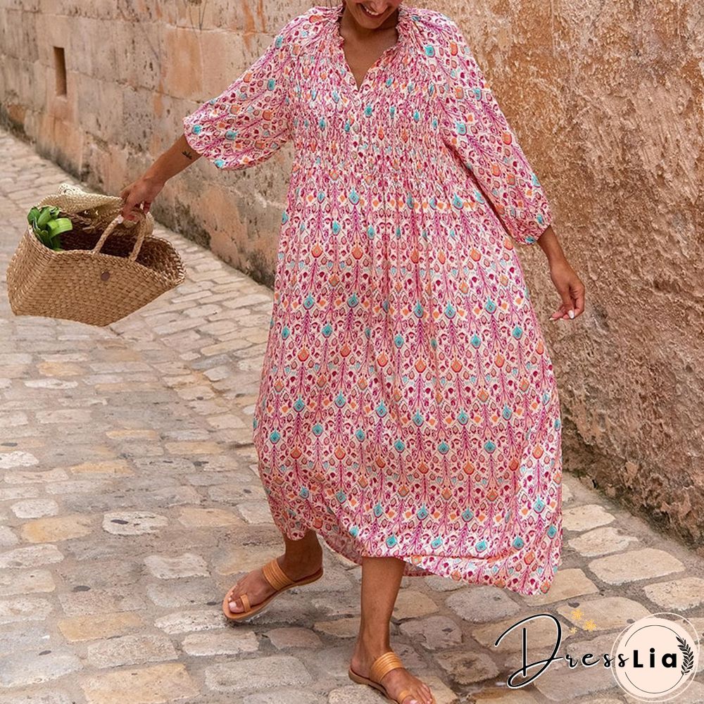 Fashion Summer Women Dress Casual Summer A Line Printed Dress Ladies Long Flared Sleeve Bohemian Beach Cover Up Sundress