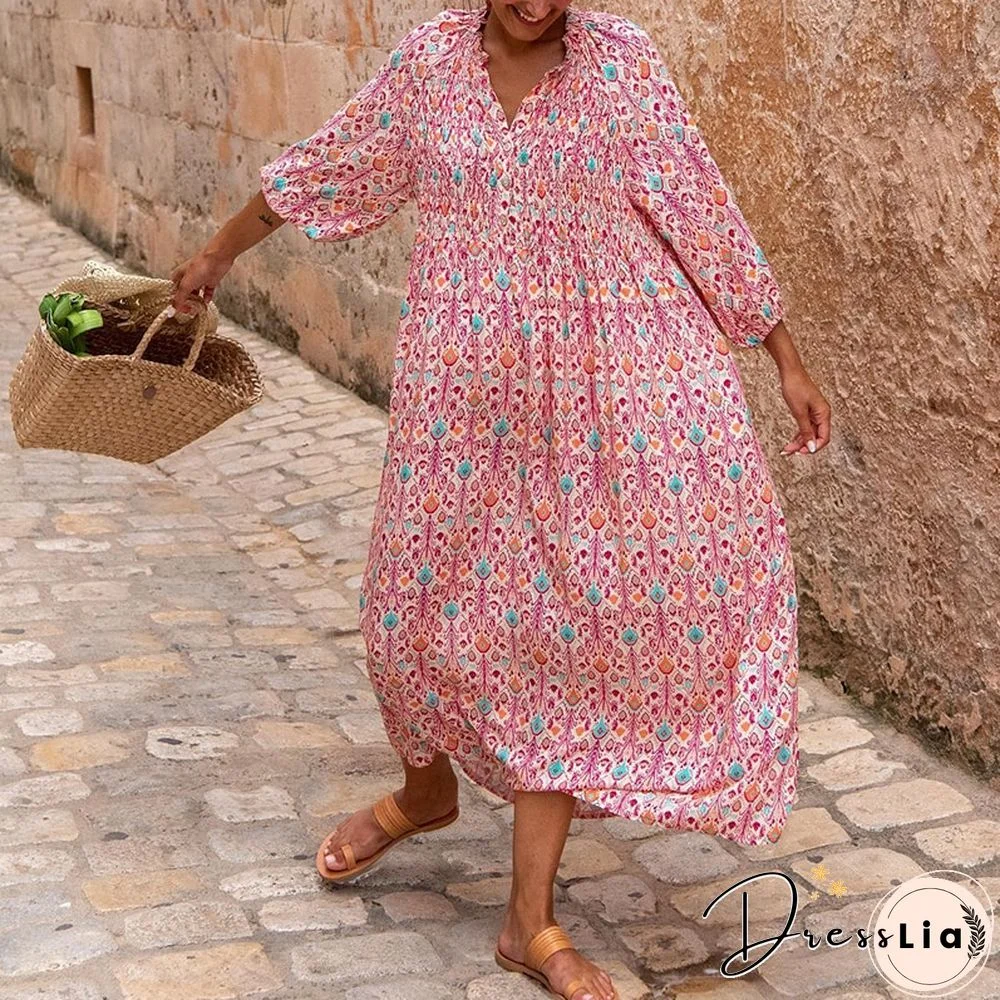Fashion Summer Women Dress Casual Summer A Line Printed Dress Ladies Long Flared Sleeve Bohemian Beach Cover Up Sundress