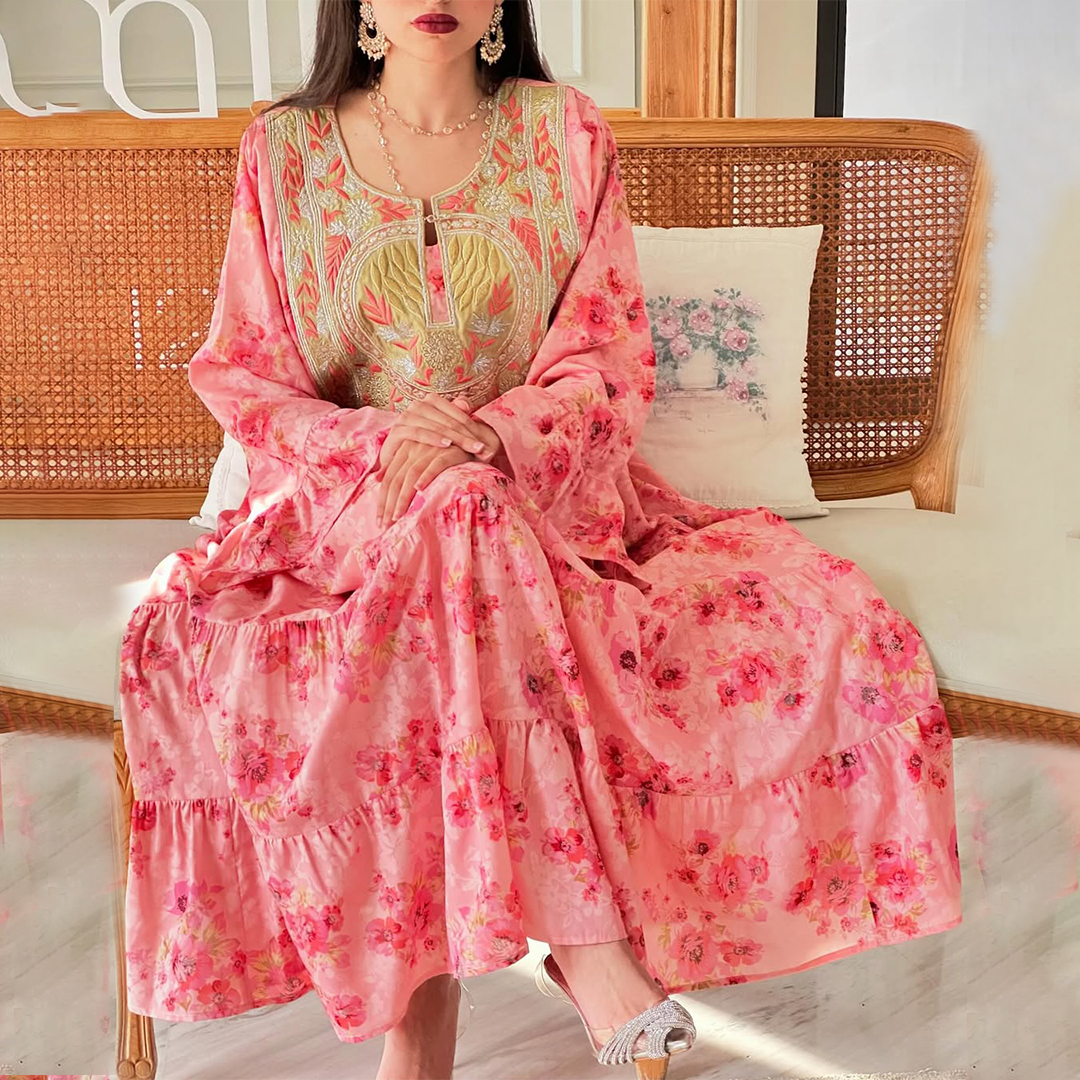 Women's Middle Eastern Romantic Floral Print Jalabiya