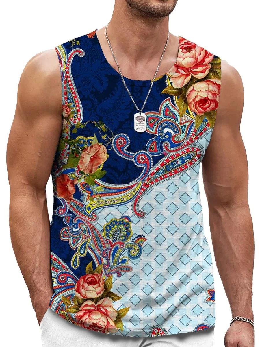 Men's Round Neck Colorful Paisley Print Casual Tank Top