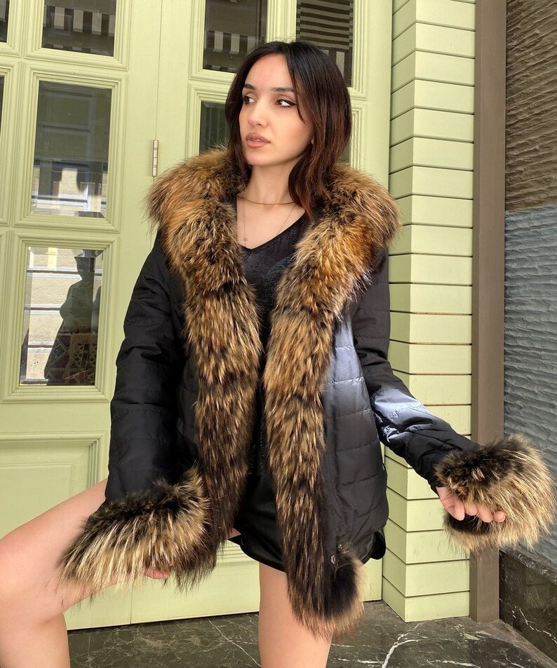 Denim Jacket /Lining is removable. Cuffs and Fronts Raccoon Fur- Denim Long Coat Women Winter Denim Jacket| Relaxed Fit Jacket Coat 120