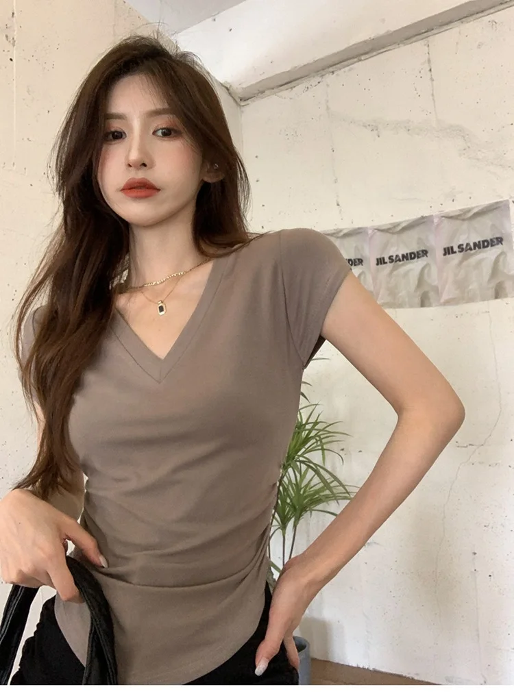 Brownm Brownm Arc Hem Solid Color Top 2024 Summer New Casual V Collar Waist Show Thin Flying Sleeve T-Shirt Women