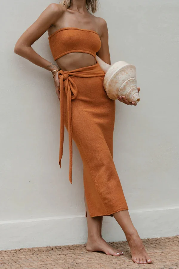 Hollow-out Backless Bandage Knit Dress Strapless Dress