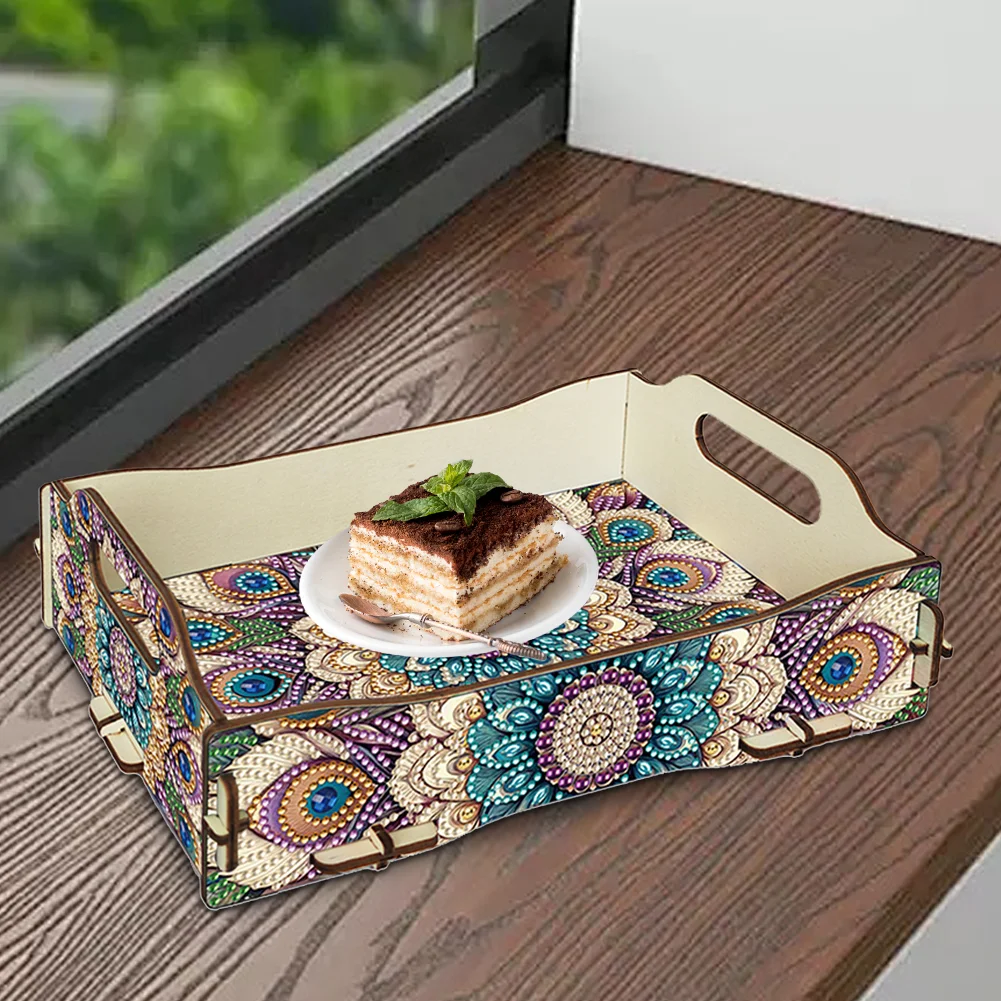 5D DIY Mandala Diamond Painting Wooden Serving Tray with Handle for Coffee Table