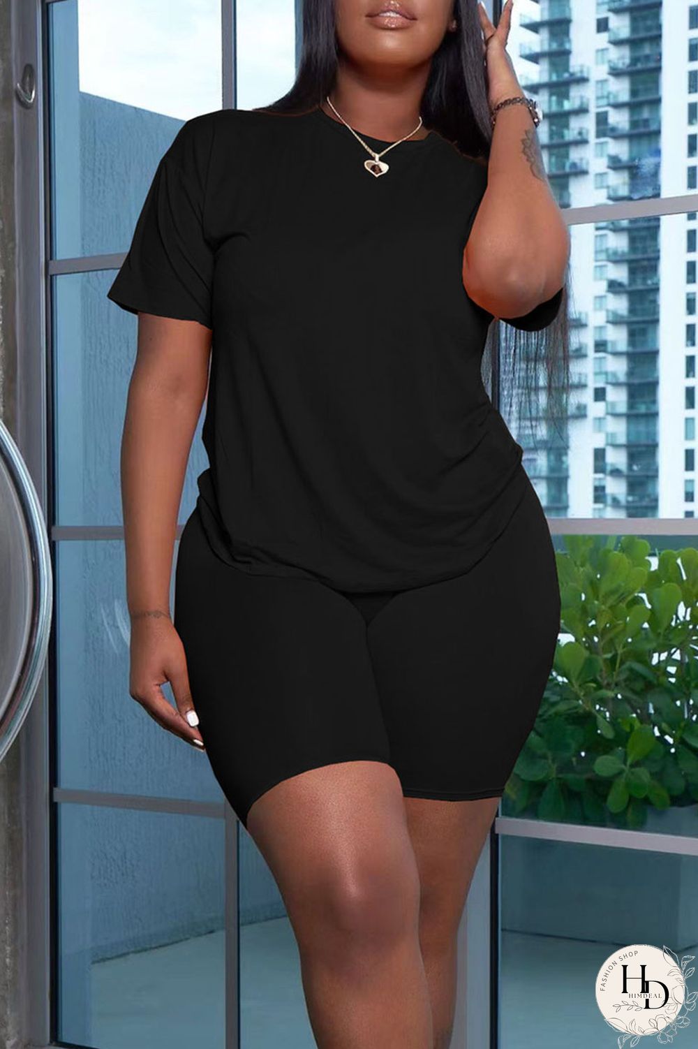 Black Casual Solid Split Joint O Neck Short Sleeve Two Pieces