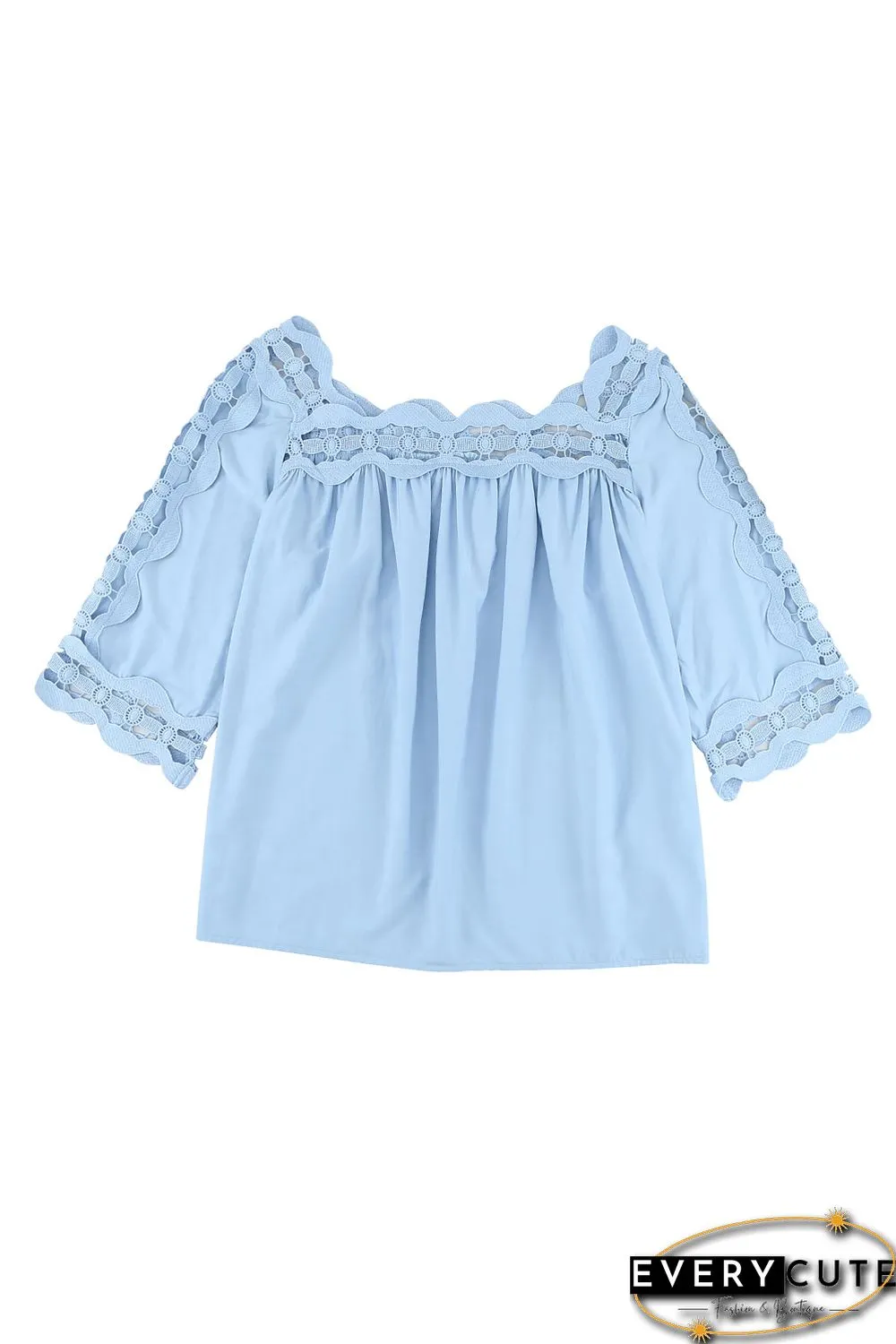 Sky Blue Crochet Trim Hollow-out Blouse