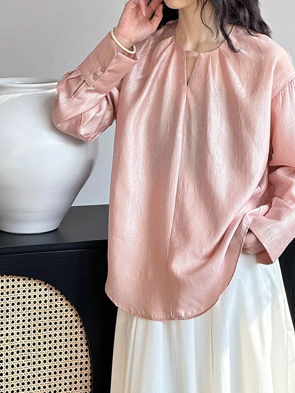 Solid Color Shiny Hollow Loose Long Sleeves Round-Neck Blouses&Shirts Tops