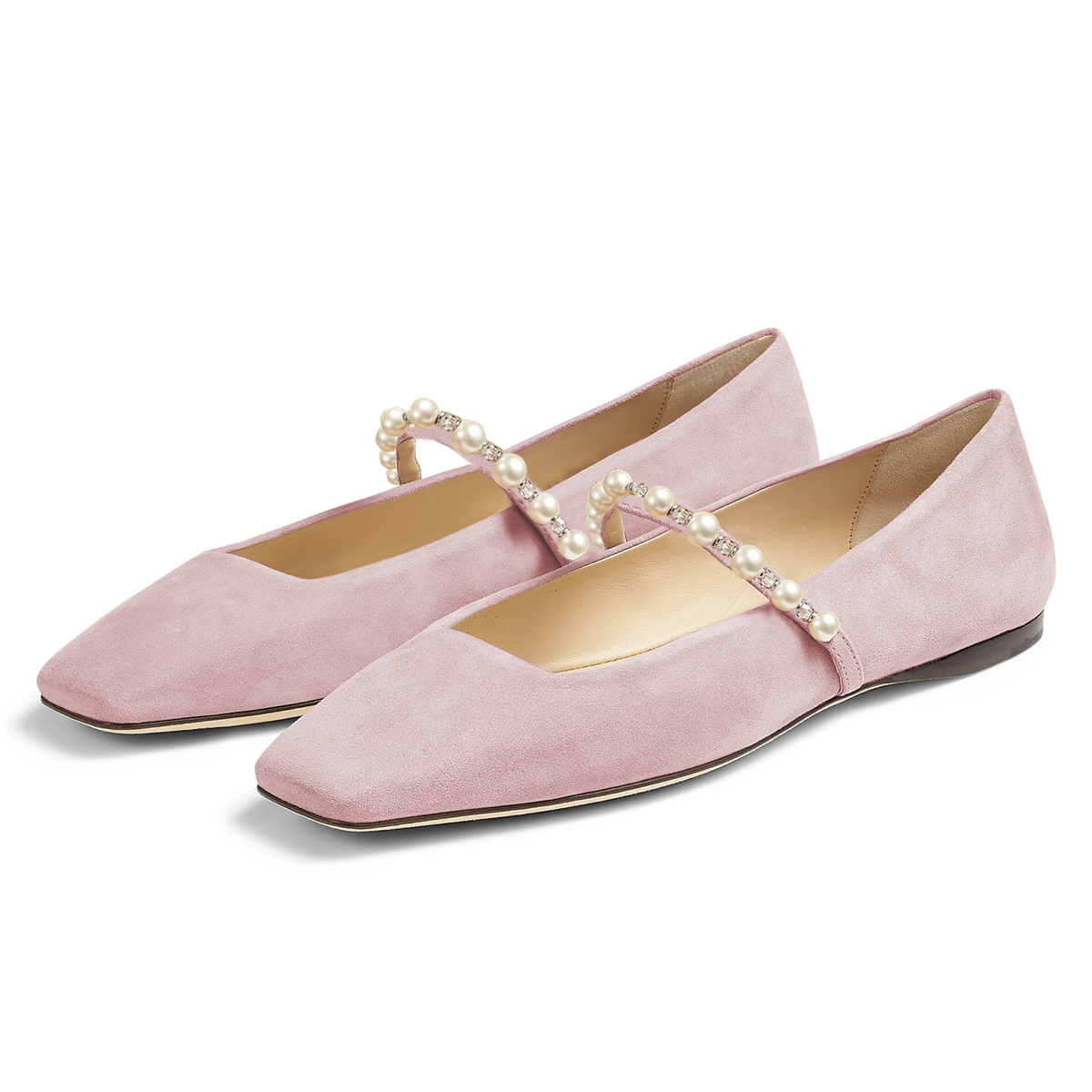 Pink Faux Suede Closed Toe Flat Pearl Strappy Pumps Nicepairs