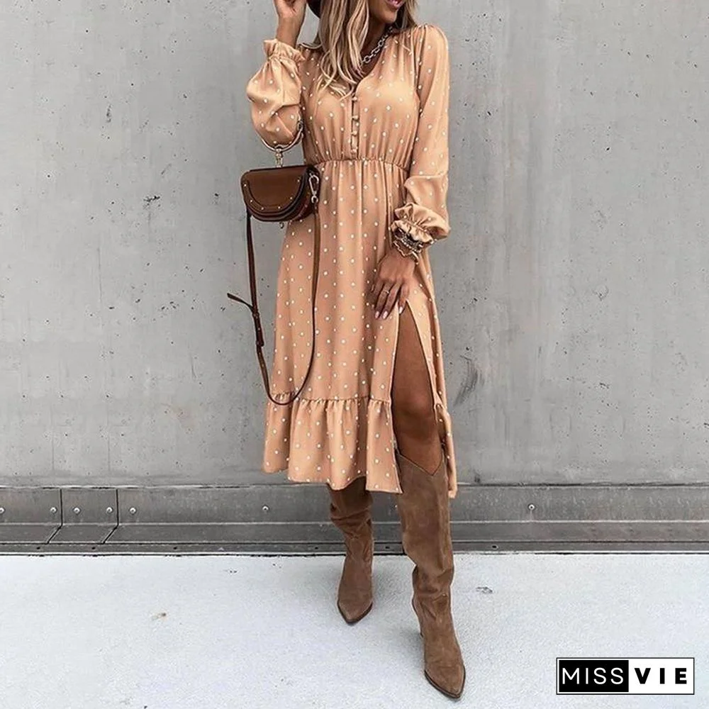 New Winter Autumn Woman Clothes Black V-neck Long Sleeve Dress Polka Dot Printing Slit Dresses Fashion Fall Women Clothing