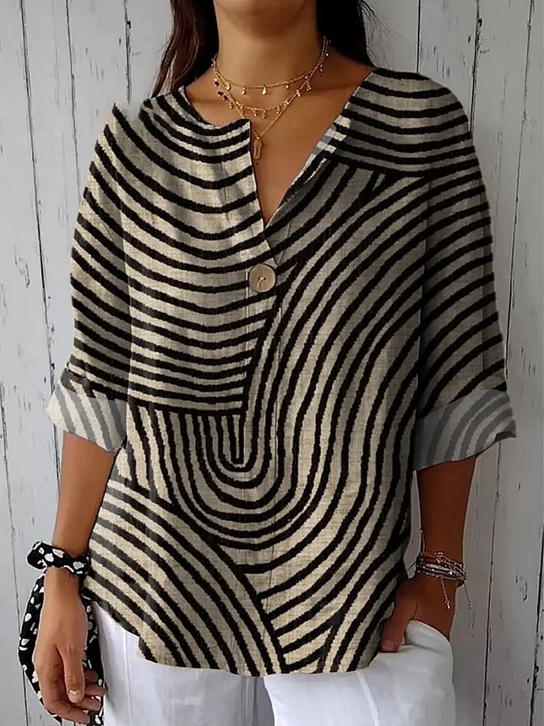 Women's Geometric Hand Drawn Circle Line Pattern Printed Casual Cotton Linen Shirt