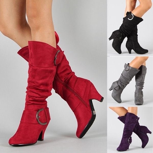 Winter Shoes Fashion Women Short Heel Solid Color Long Boots Pointed Toe Knee High Ladies Boots Outdoor Non-slip Booties - Shop Trendy Women's Clothing | LoverChic