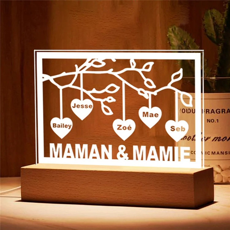 Personalized Family Tree Night Light LED Sign Engraved 5 Names Plaque USB Power Lamp