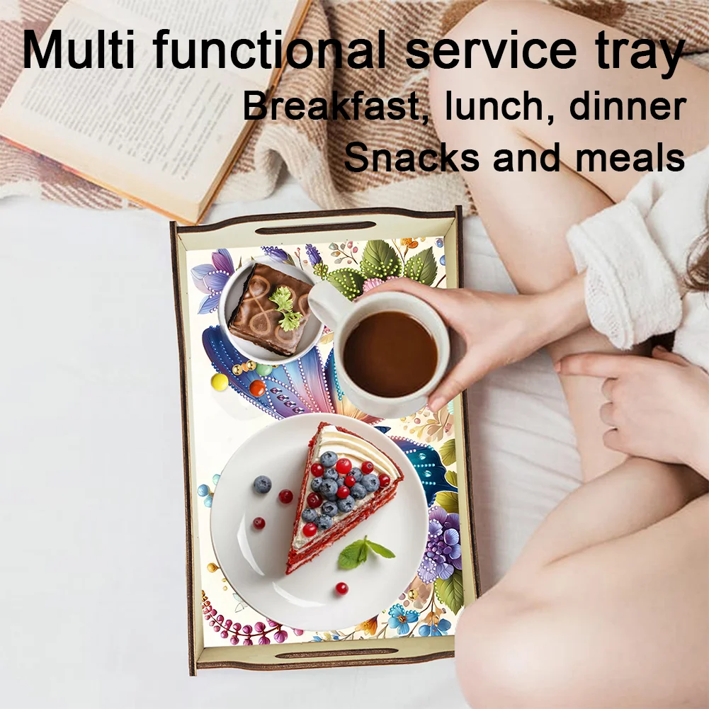 DIY Diamond Painted Dining Plate with Handle Wooden Food Tray Home Decor Gift