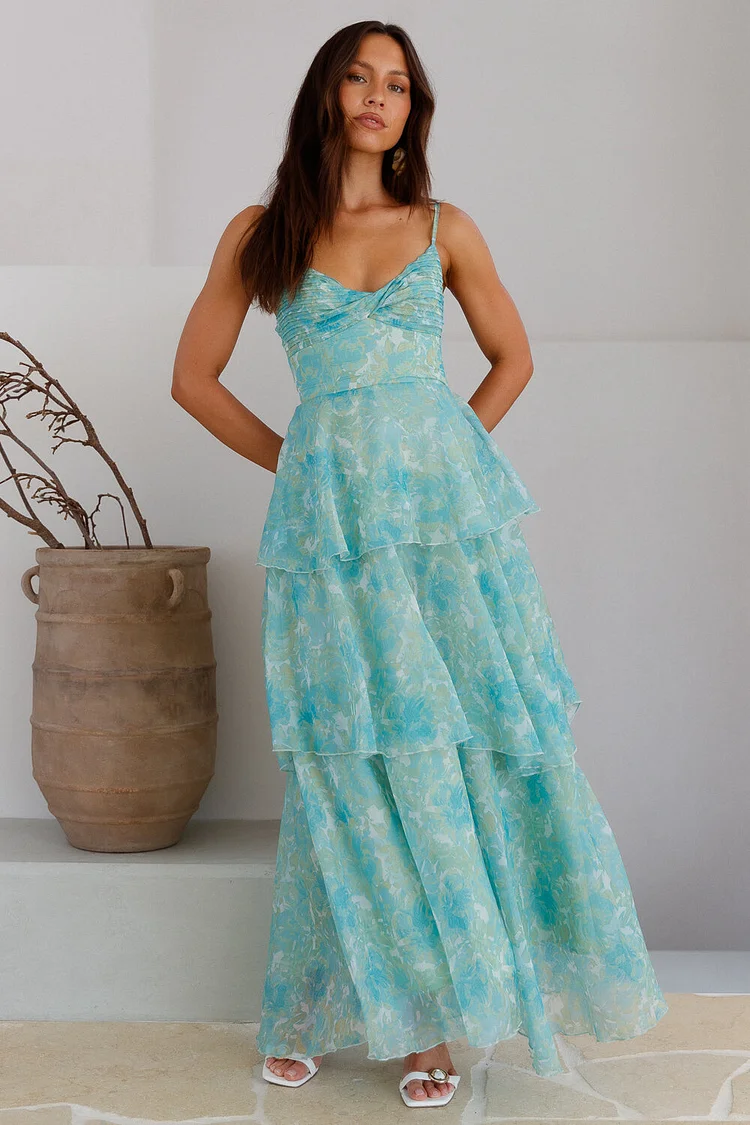 Floral Print Cinch Waist Tiered Flowy Hem Slip Maxi Dresses-Blue [Pre Order]