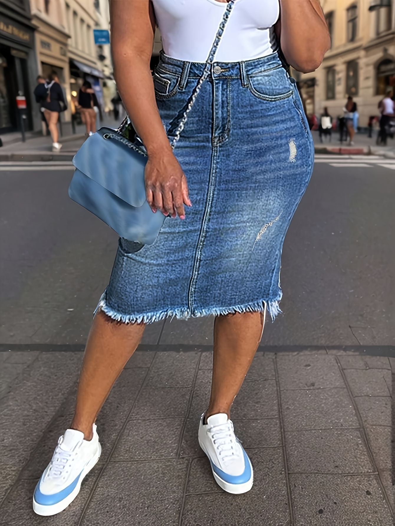 Womens Denim Skirt With Pockets Sexy Fit Featuring Worn Hem And Torn Details Perfect | IFYHOME