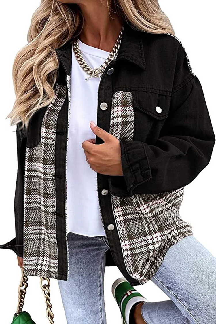 Women's Denim Jacket Long Sleeve Plaid Button Down Shirts Shacket Jacket