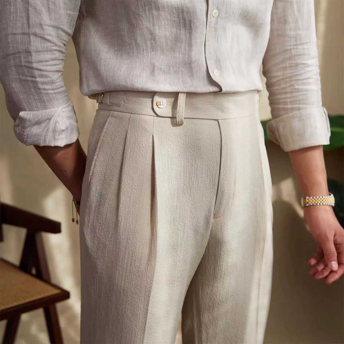Gandisa Seersucker Naples Suit Trousers Mens British Stylish High-waisted Belt Design Straight Pants Summer Slim Business Casual Pants