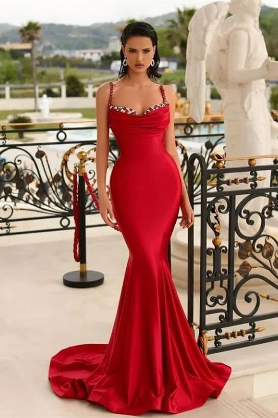 Bellasprom Red Mermaid Long Prom Dress Straps With Beads Sleeveless Bellasprom