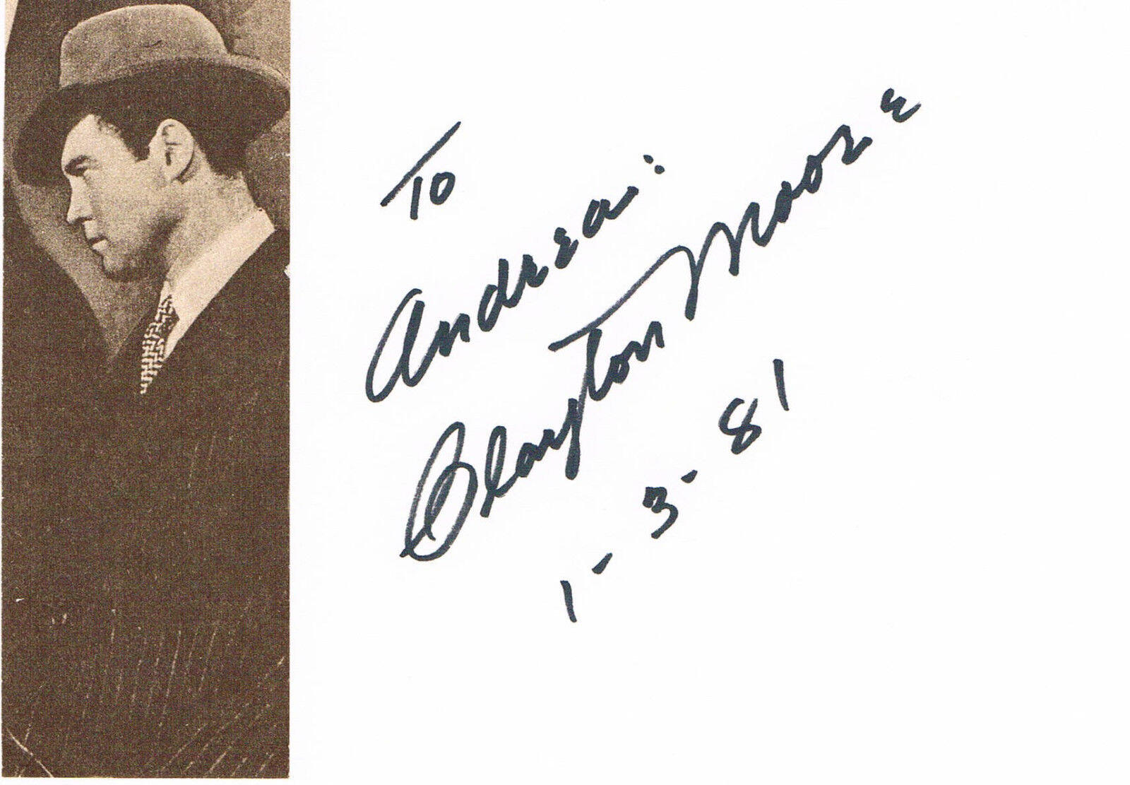 Clayton Moore 1914-99 signed card 4x6