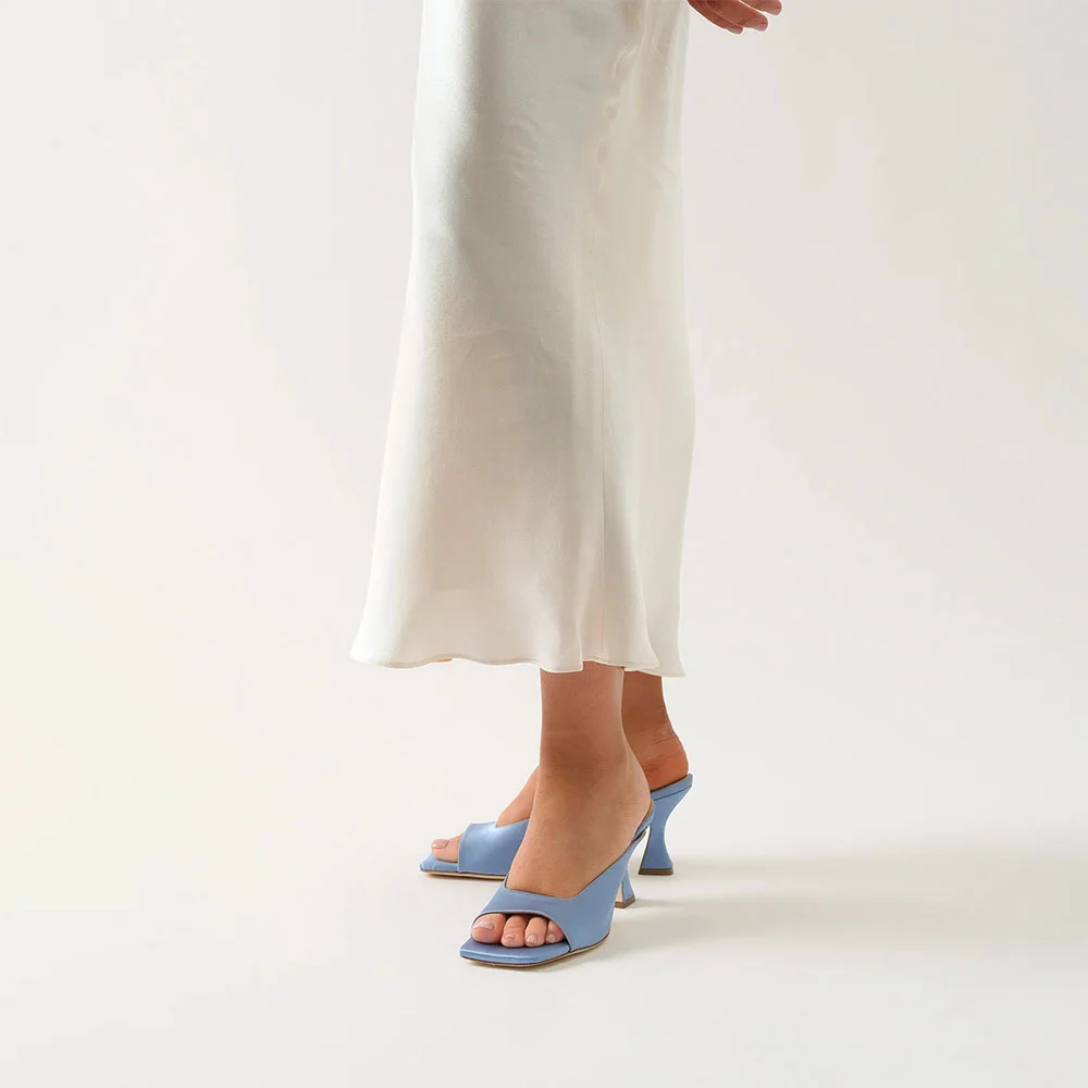 Light Blue Satin Square Toe Slip On Flared High Heel Mules
