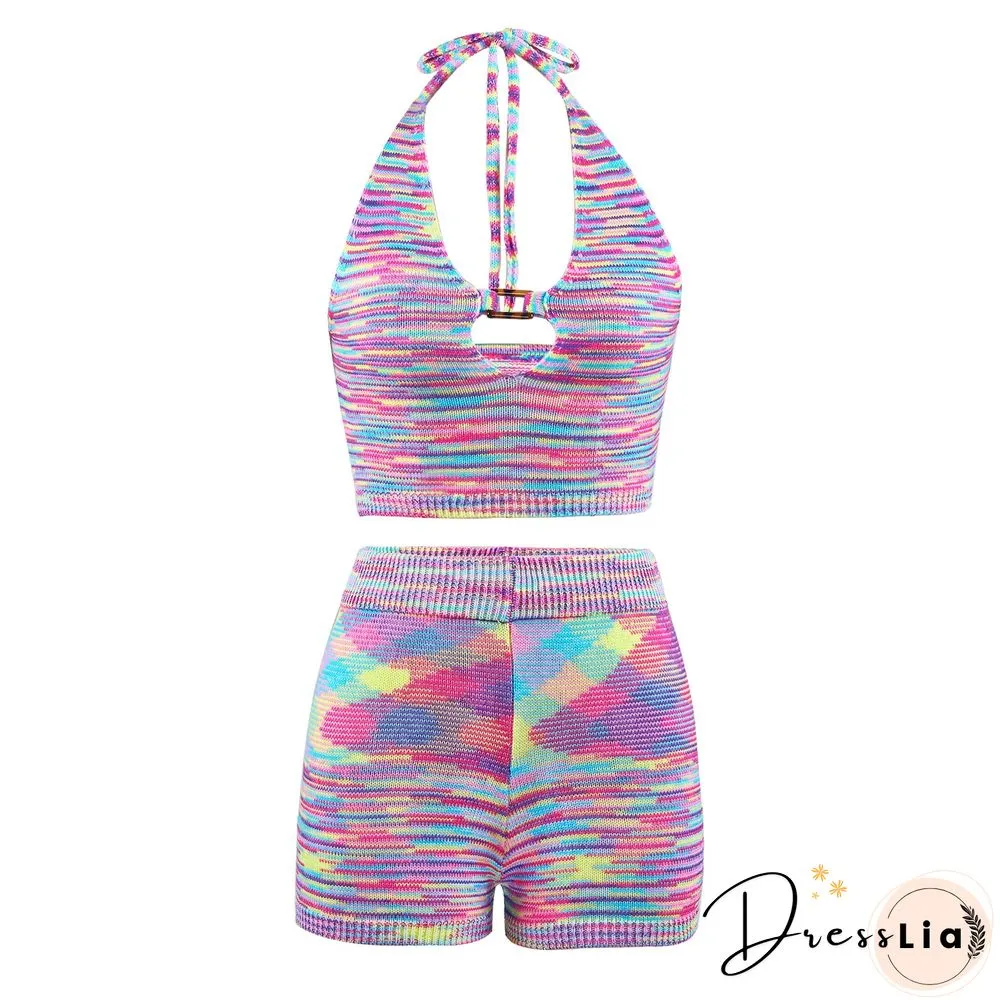 Rainbow Sexy Halter Cut Out Crop Top and Shorts Pieces Matching Set Club Fashion Outfits