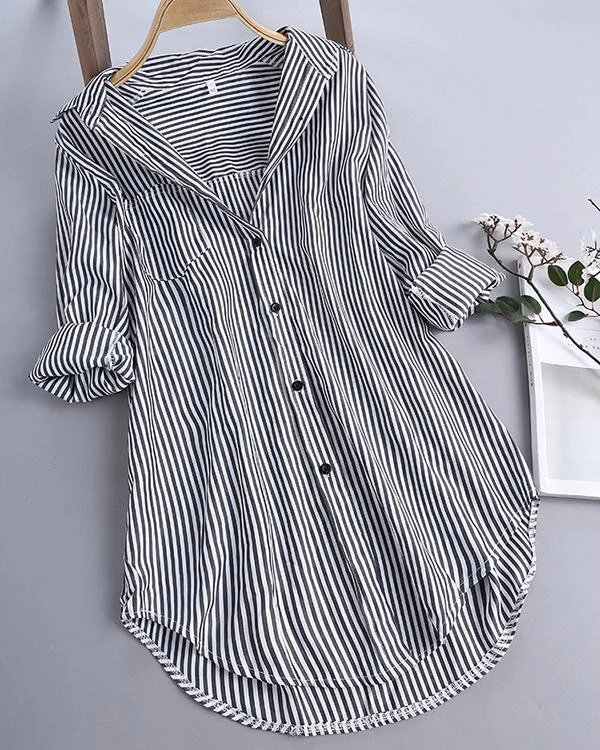 chic stripe long sleeve turn down collar loose shirts p110250