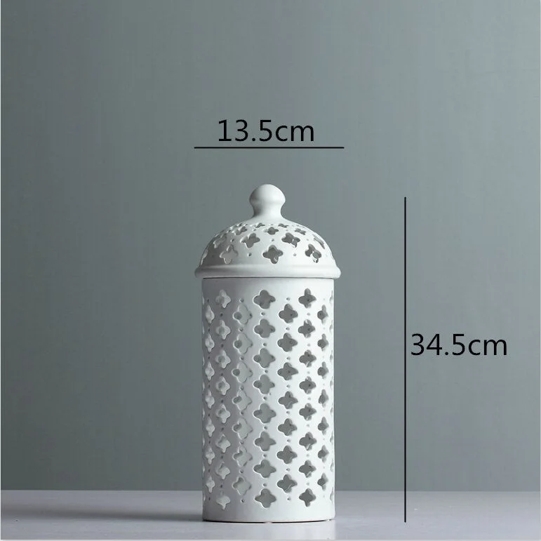 Creative Ceramics Hollow Out Vase Storage Jar with Cover Crafts Decoration White Modern Home Decoration Accessories Figurine