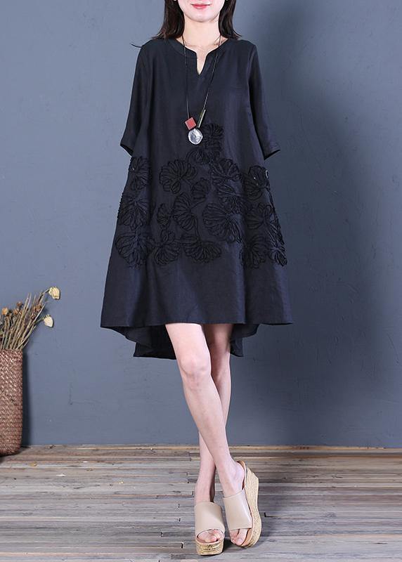 VCSHOES black linen dress v neck low high design cotton summer Dress