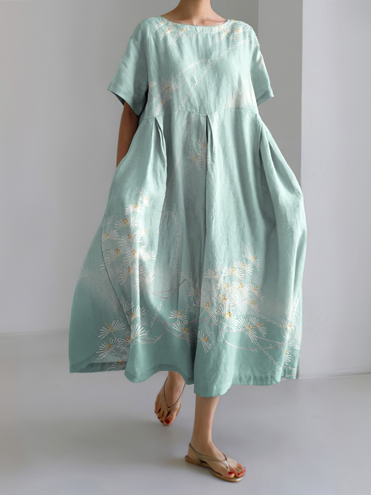 Comstylish Japanese Art Flower Print Casual Midi Dress