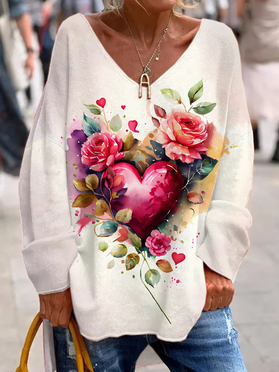 Women's Valentine's Day Floral Love Print Casual V-Neck Long Sleeve T-Shirt