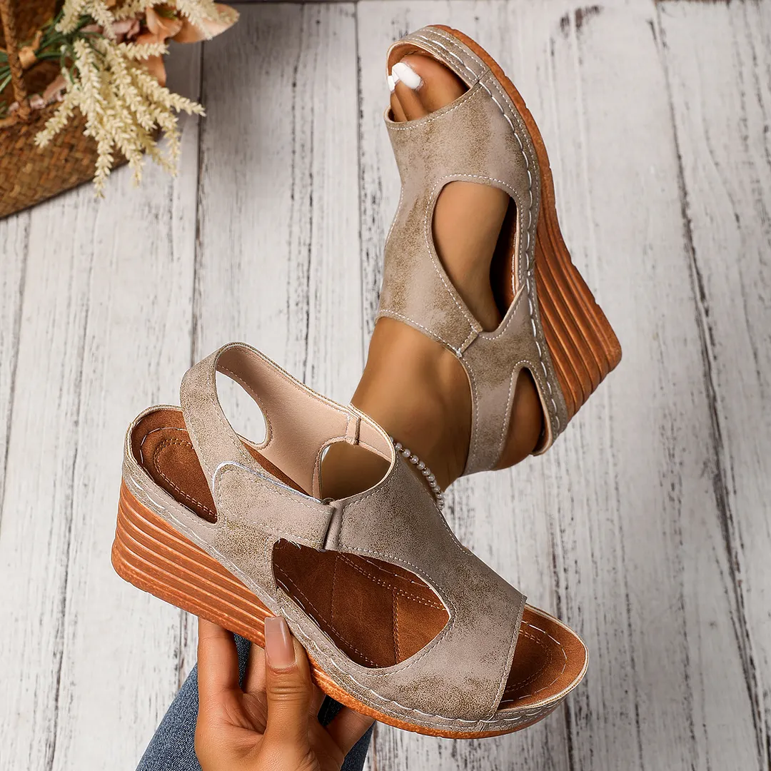 Breakj Breakj New 2025 Large-Size Sandals Women's Car Sewing Breathable Magic Sticker Hollow Slope Heel Sandals Woman