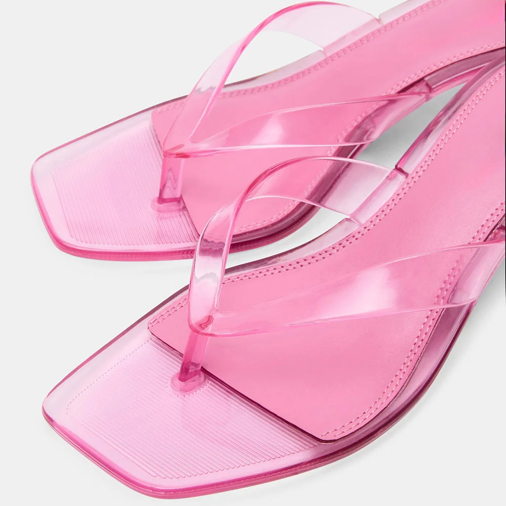 YDN Open Toe Slip-On Kitten Heel Simple Clear Sandals in Pink