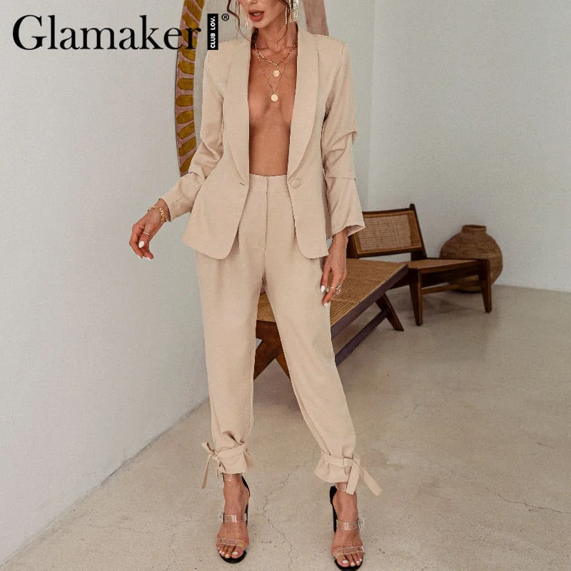 Glamaker Two piece set sexy blazer suits Women lace up casual top and pants Office ladies fashion streetwear female co ord set